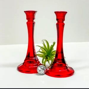 Vintage Indiana Glass Ruby Red Glass Candle Holder Pair